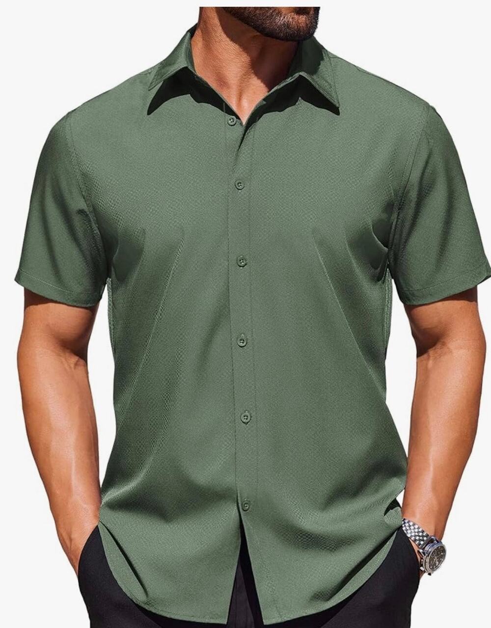 Coofandy Men Green Short Sleeve Button Down Shirt 3XL Casual Beach Beachwear